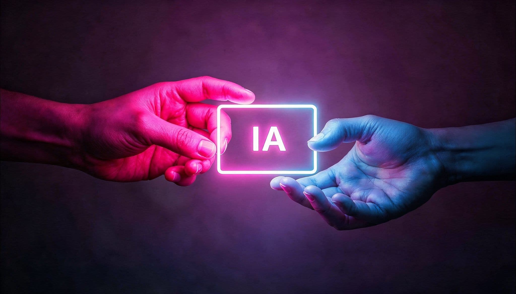 Imagen de dos manos rozando un neón que pone IA